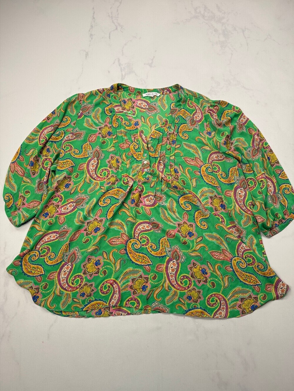 Rose + Olive Printed Blouse Green 70s Retro - Womens 3X